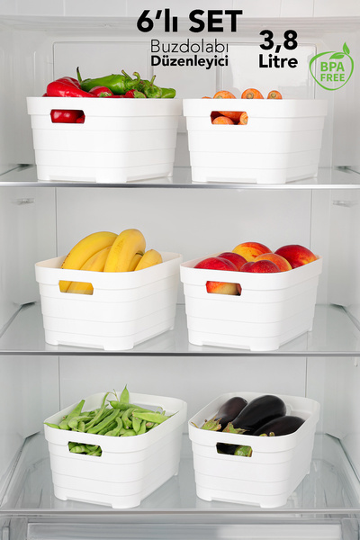 Meleni Home Organizator pentru frigider, 6 bucăți, 3800 ml - Organizator multifuncțional pentru bucătărie, baie, dulap decorativ, alb