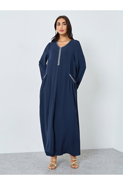 Styli Navy Blue Lace Detail A-Line Jalabiya