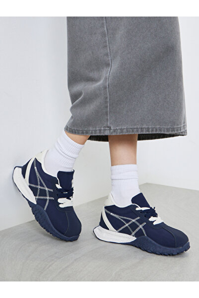 Styli Navy Blue Stitch Detail Lace Up Sneakers