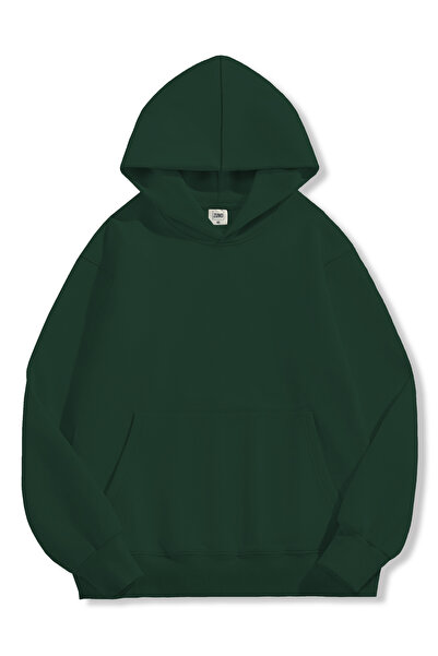 Zuno Unisex Yeşil Oversize Fit Kapüşonlu Pamuklu Basic Sweatshirt