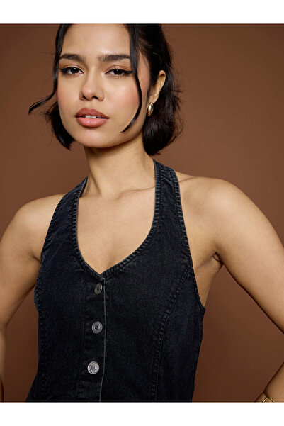 Sassafras By Styli Black Washed Denim Halter Neck Jumpsuit