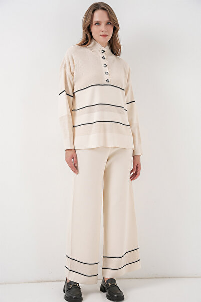 Bigdart Women's Striped Oversized Knitwear Double Set 15957 - Ecru