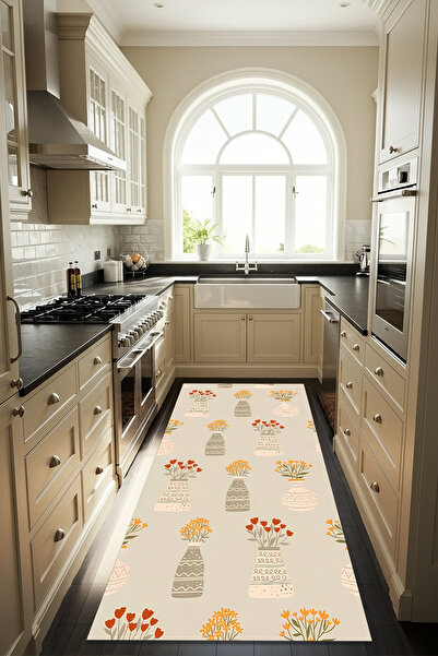 Etnik Dekor Saksıda Çiçek Desenli Dijital Baskı Kaymaz Taban Makinede Kolay Yıkanabilir Silinebilir