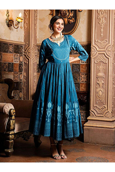 Ishin By Styli Teal Self-Design Tiered Midi Dress