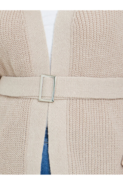 Styli Plus Size Beige Knit Belted Cardigan