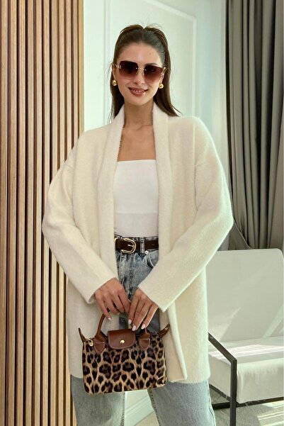 MİR Piedra Women Shawl Collar Oversized Comfortable Fit Soft Texture Bearded Cardigan