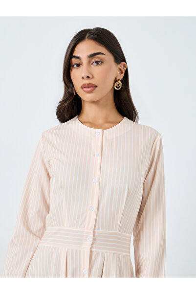 Styli Cream Striped Midi Dress with Long Sleeves