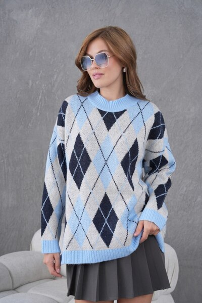 Miss Allos Women's Crew Neck Diamond Pattern Long Sleeve Knit Sweater
