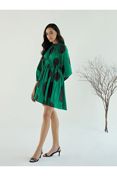 Sassafras By Styli Green Back Tie-Up Polka Dot Dress