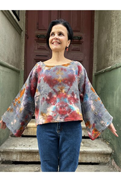 Bohoyasam Kadın Batik Bluz – El Boyaması, %100 Pamuk/Müslin, Geniş Kollu Boho...