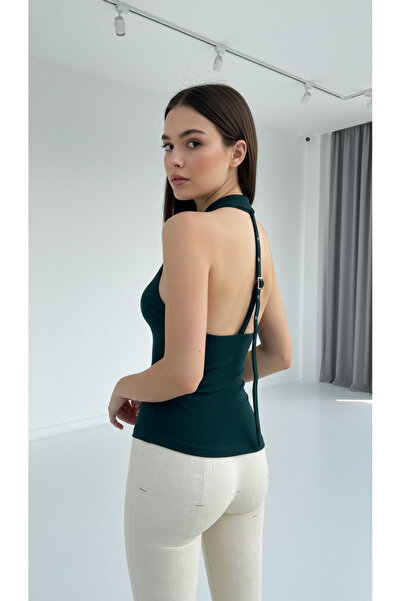 Eight Fashion Women's Halter Neck Low-Cut Blouse with Belt at Back