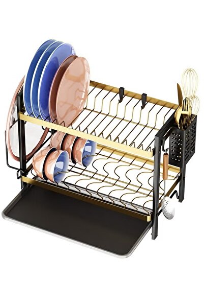 FLYROAD Dish Drying Rack with Drainboard 2 Tier Dish Rack (Gold)