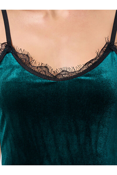 Styli Velvet Contrast Lace Trim Side Slit Slip Dress