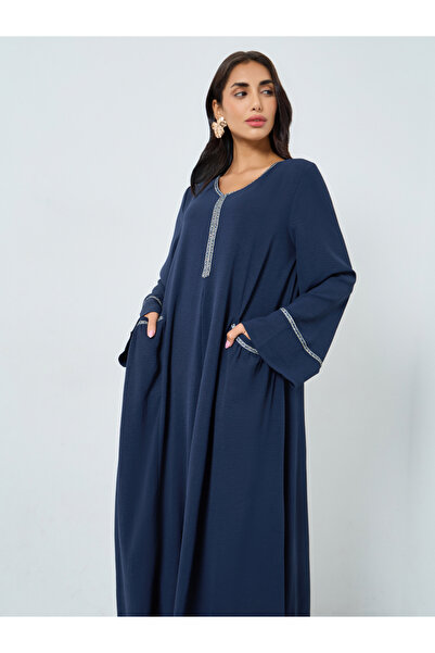 Styli Navy Blue Lace Detail A-Line Jalabiya