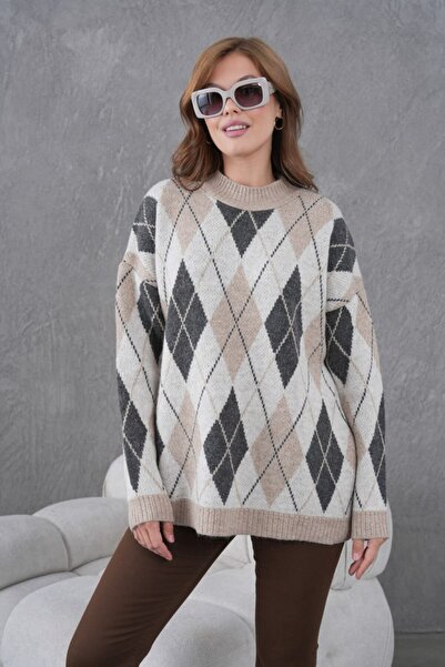 Miss Allos Women's Crew Neck Diamond Pattern Long Sleeve Knit Sweater