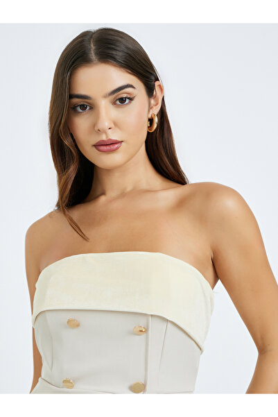 Styli Beige Bandeau Neck Pleated Maxi Dress