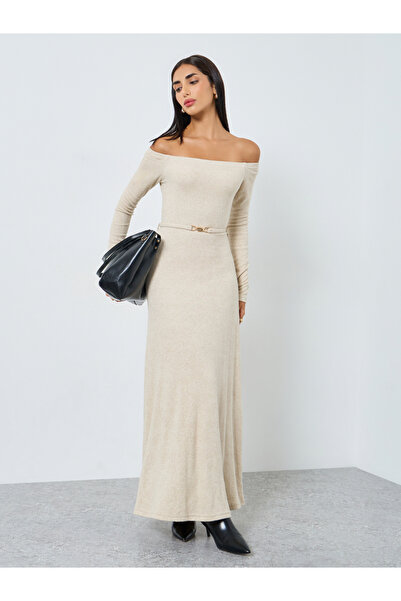 Styli Beige Long Sleeve Maxi Sweater Dress