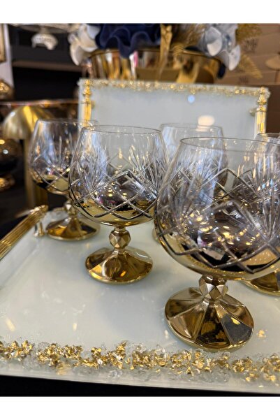 LOKMAN ZÜCCACİYE 6 KİŞİLİK BOHEMİA KRİSTAL EL İŞLEME GOLD TİTANYUM KAHVE YANI...