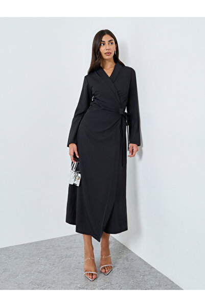 Styli Black Wrap Midi Dress with Tie Detail