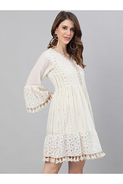 Ishin By Styli Tassel Trim Lace Insert Mini Dress