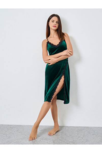 Styli Velvet Contrast Lace Trim Thigh Slit Slip Dress