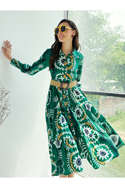 Sassafras By Styli Green Floral Front-Button Midi Dress