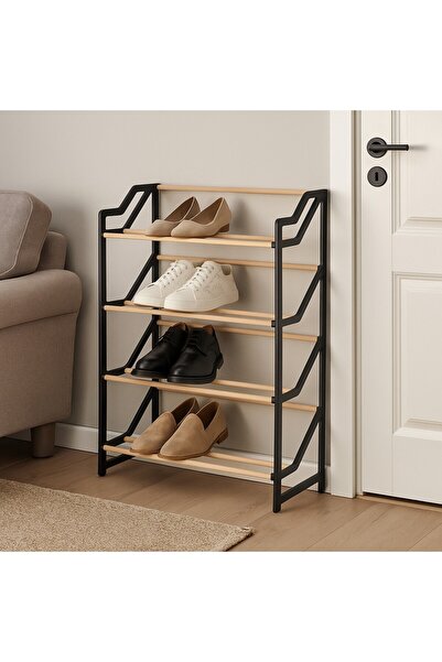 WareHause0 4 Katlı Kaliteli Masif Çam Siyah Ahşap Ayakkabılık | 1. Sınıf Kalite – Dayanıklı ve Şık Tasarım