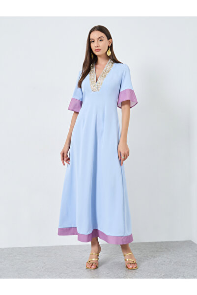 Take Two By Styli Blue Color Block Sequin Detail Maxi Dress