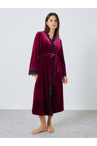 Styli Pack of 2 - Velvet Contrast Strap Slip Dress and Lace Trim Robe
