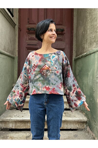 Bohoyasam Kadın Batik Bluz „Autumn Glow” – El Boyaması, %100 Pamuk/Müslin, Ge...