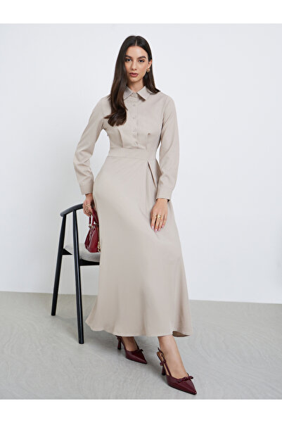 Styli Beige Shirt A-Line Midi Dress