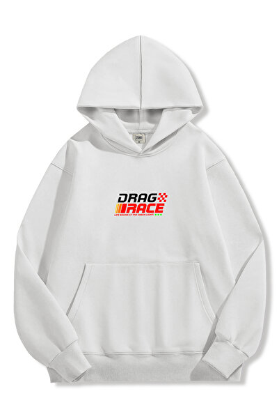 Zuno Men's White Oversized Fit Hooded Sweatshirt Drag Race