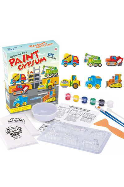 bebeLOGIC Set pictura si mulaj cu 6 figurine din ipsos, Vehicule de Constructie, multicolor, bebeLOGIC™