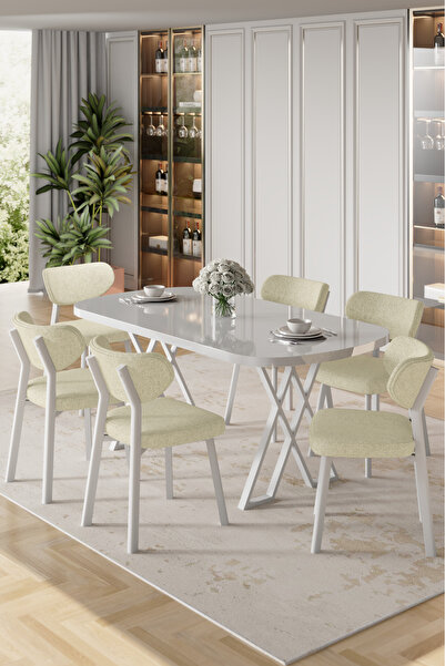 Canisa Axton Serisi Sabit Mdf 90x168 Beyaz Mutfak Masa Takımı 6 Krem Sandalye