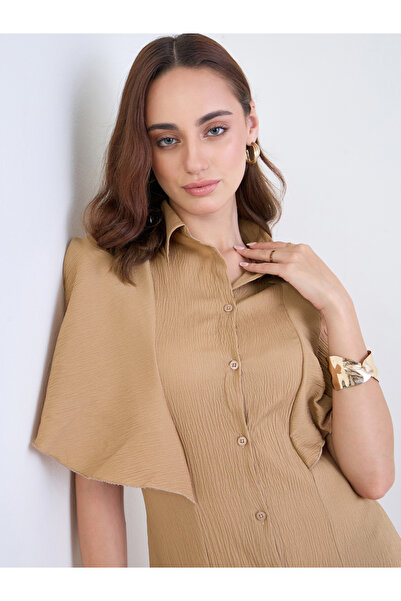 Styli Brown Textured Shirt Maxi Dress
