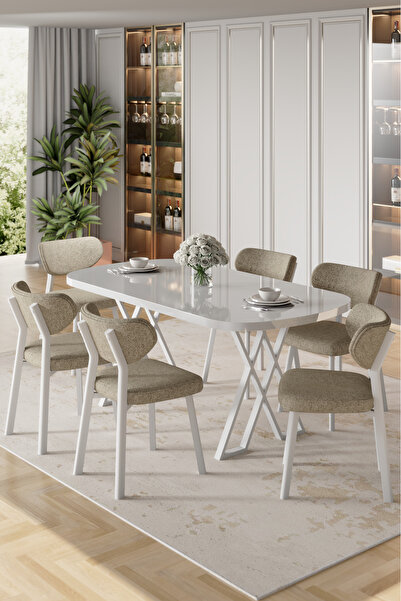Canisa Axton Serisi Sabit Mdf 90x168 Beyaz Mutfak Masa Takımı 6 Cappucino Sandalye