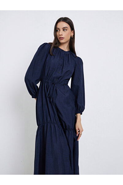 Styli Dark Blue Long Sleeve A-Line Midi Dress