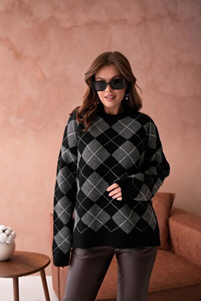 Miss Allos Women's Crew Neck Diamond Pattern Soft Textured Knit Sweater