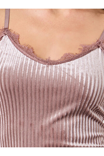 Styli Stripe Textured Velvet Lace Trim Slip Dress