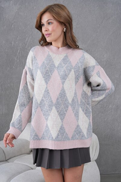 Miss Allos Women's Crew Neck Diamond Pattern Long Sleeve Knit Sweater