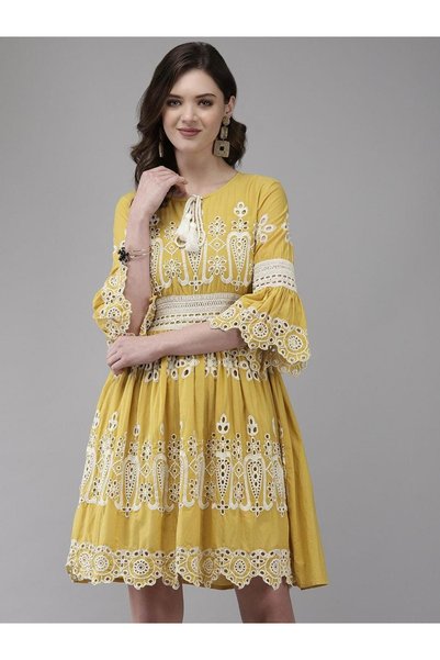 Ishin By Styli Mustard Schiffli Embroidered Knee Length Dress
