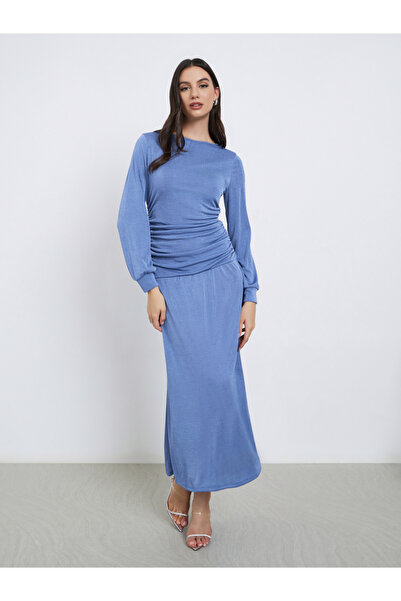 Styli Blue Gathered Detail Long Sleeve Midi Dress