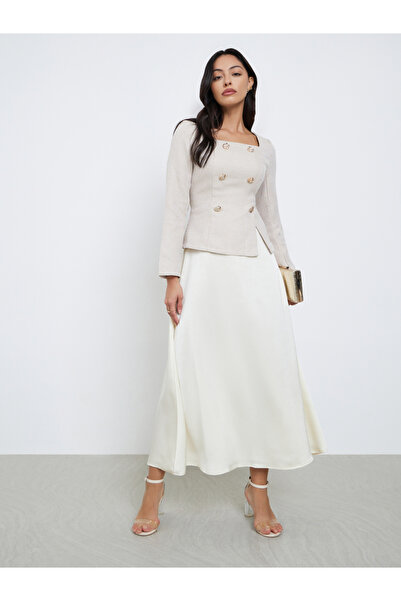 Styli Cream Square Neck Tweed A-Line Maxi Dress