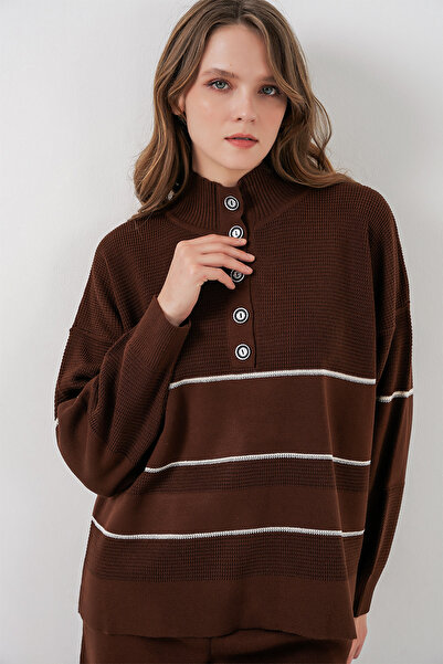Bigdart Women's Striped Oversized Knitwear Double Set 15957 - Brown