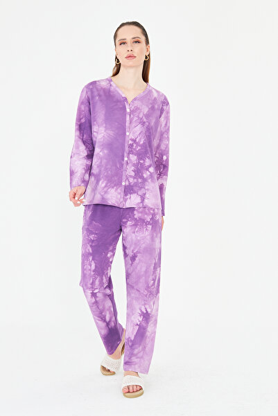 ESPİNA Women's Tie-Dye Pattern Front Buttoned Cotton Pajama Set