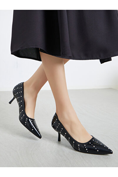 Styli Black Studded Pointed Toe Court Shoes
