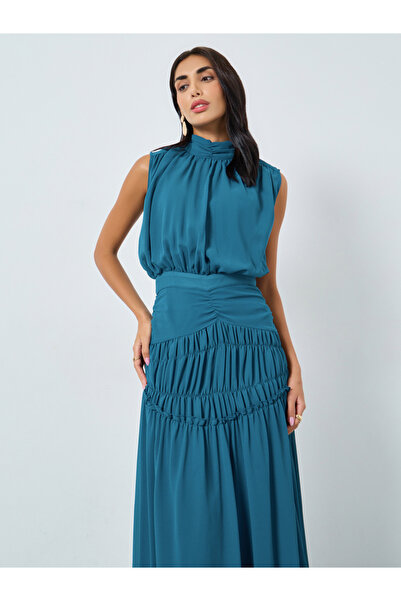 Styli Teal Pleating Waist Sleeveless Maxi Dress
