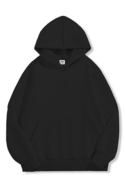Zuno Unisex Siyah Oversize Fit Kapüşonlu Pamuklu Basic Sweatshirt