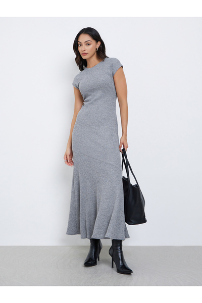 Styli Grey Waffle Knit Maxi Dress with Cap Sleeves