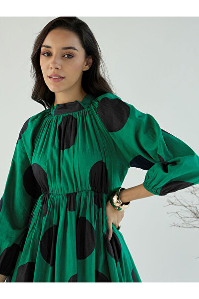 Sassafras By Styli Green Back Tie-Up Polka Dot Dress